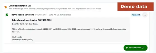 A polite reminder written for a customer who has not paid, waiting until you choose to send it.